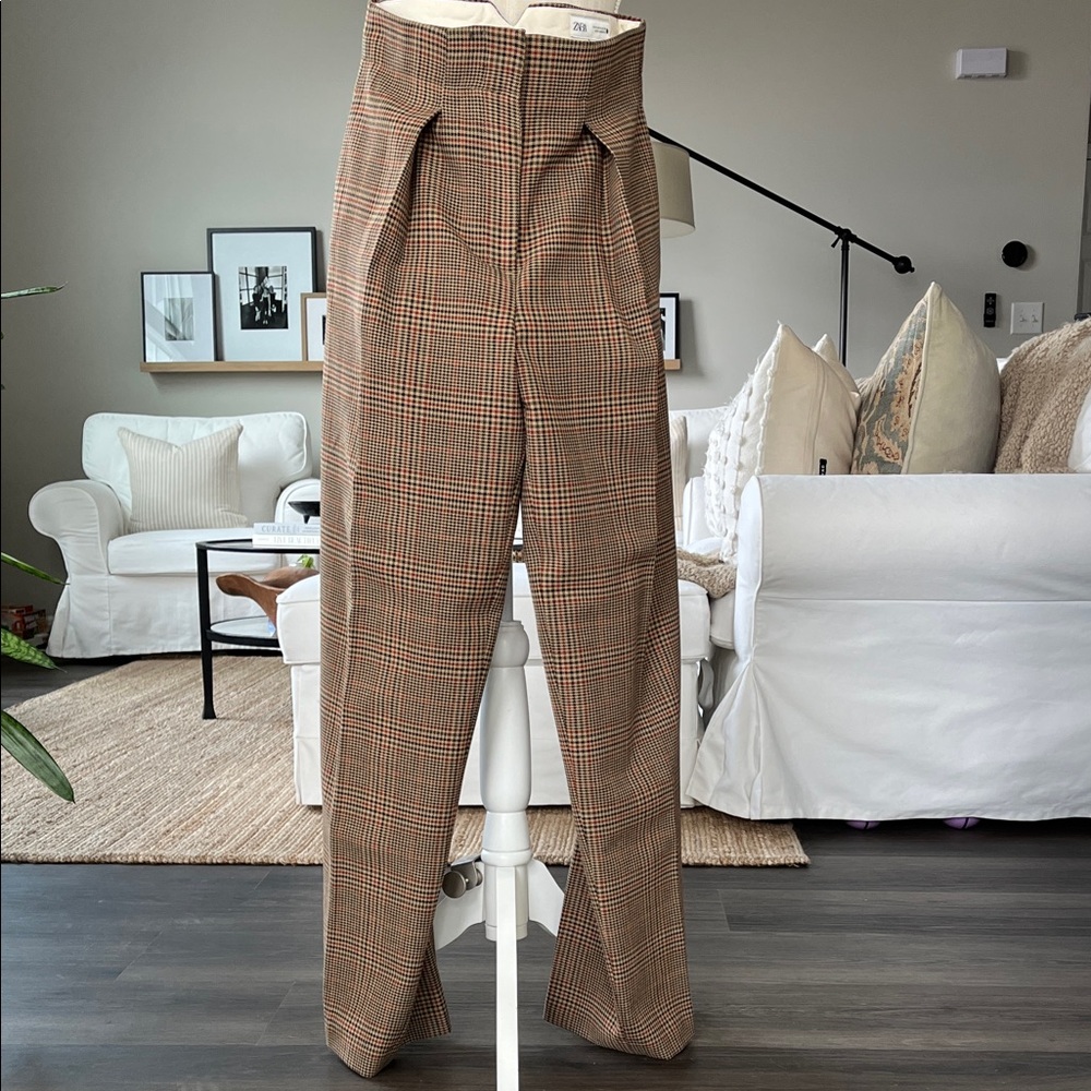 NWT Zara Black Brown Rust Plaid Women's Trousers Pants